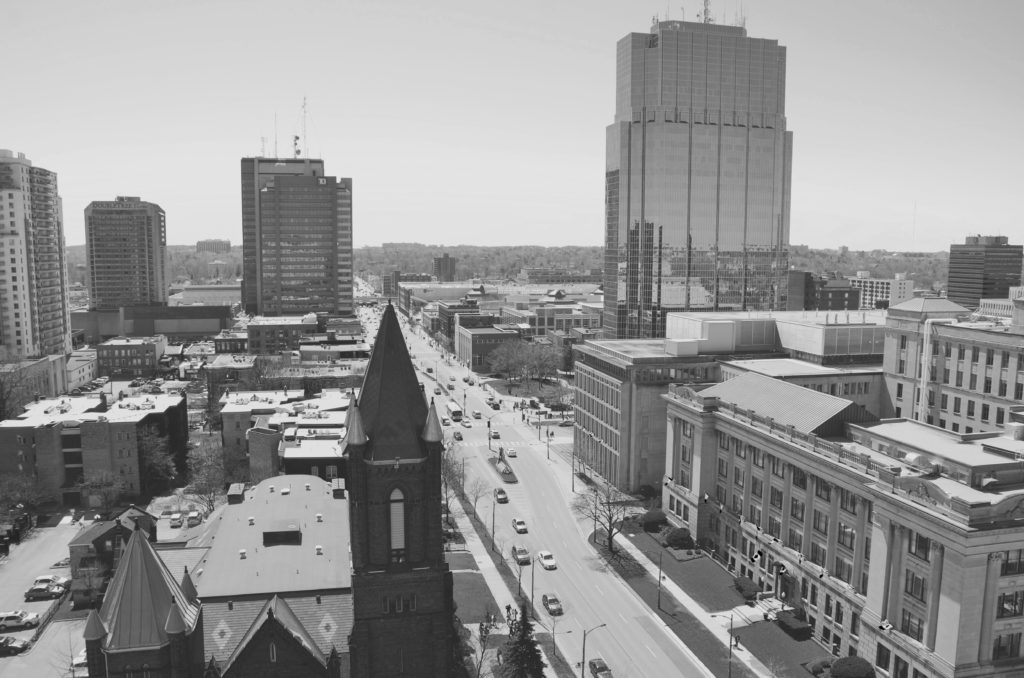 Photo of the city of London Ontario in black and white